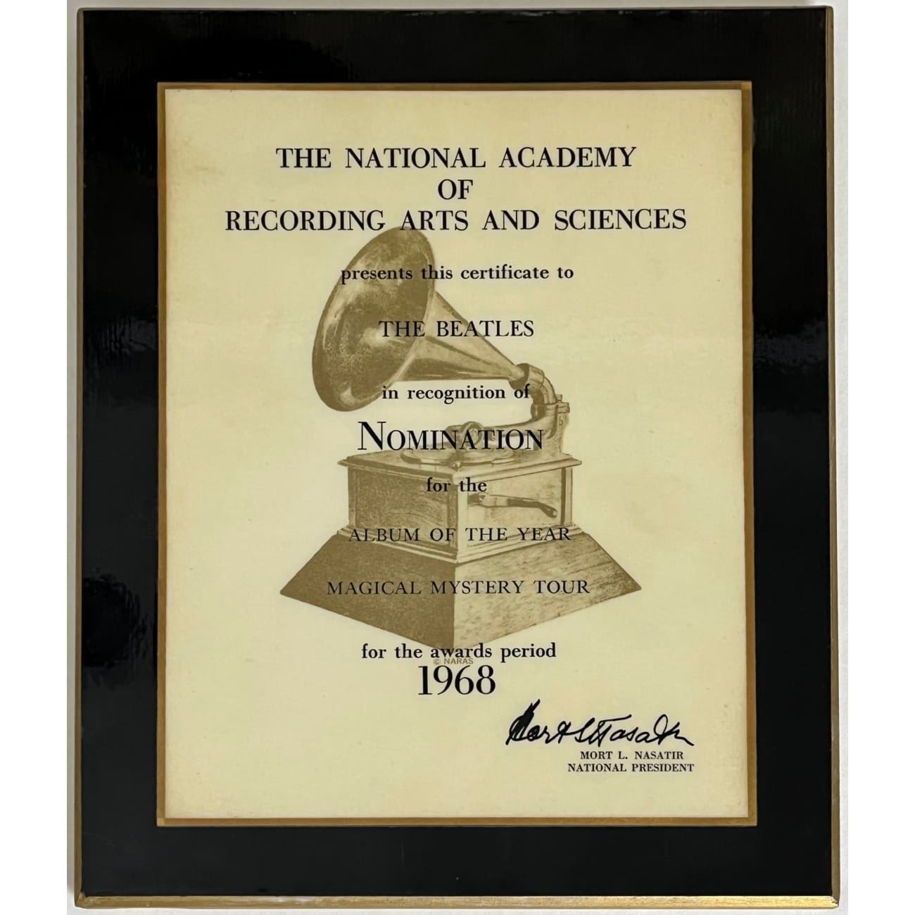 Beatles Magical Mystery Tour 1968 Grammy Album Of The Year Nomination Plaque presented to The Beatles- RARE